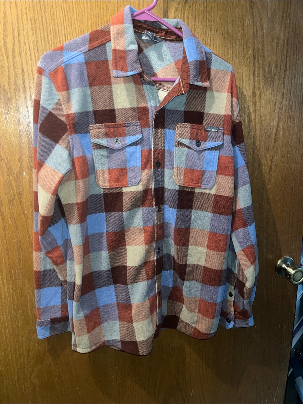Eddie Bauer Plaid Button-Down Shirt in Rust, Light Blue & Cream
